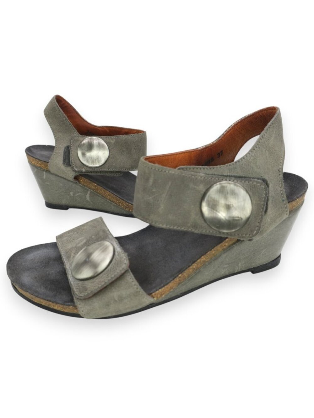 Taos Carousel Gray Leather Wedge Ankle Strap Sandals Women's 6-6.5 US EUR 37